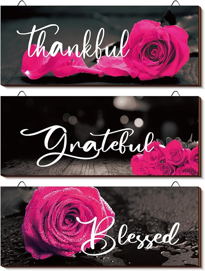 Hillban 3 Pieces Rose Wooden Wall Decor Rose Bathroom Decor Thankful Grateful Blessed Accessories Inspirational Wall Art Signs for Living Room Kitchen Wedding(10 x 4 Inch,Dark Pink)