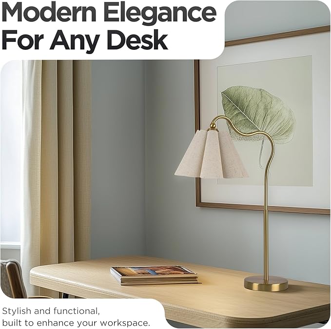 Table Lamp with Beige Pleated Linen Shade, Curved Gold Metal Base, E26 Socket – 23" Tall Modern Bedside Desk Lamp for Bedroom, Living Room, Office – Bulb Not Included