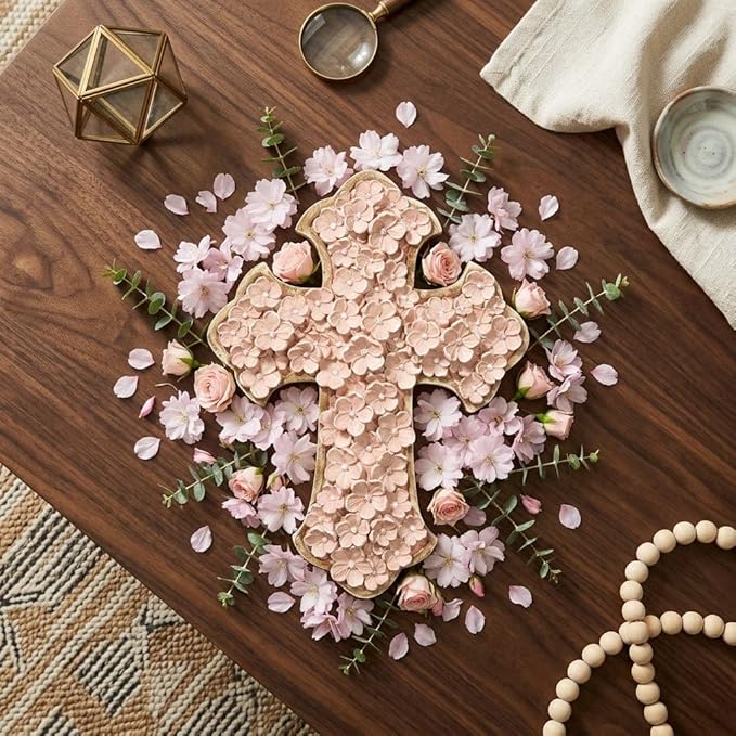 Dicksons Raised Flower Blossom Pastel Coral Pink 12 x 9 Resin Stone Hanging Wall Cross