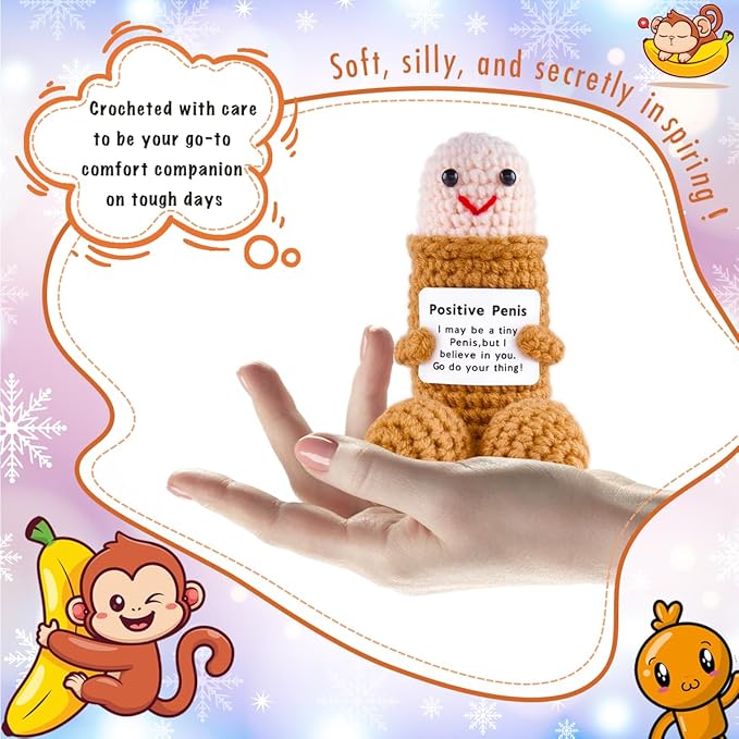 Handmade Positive Crochet Gift with Emotional Support Message Card for Men Women Coworkers,Funny Office Home Desk Decor (Brown Doll Without Glasses)