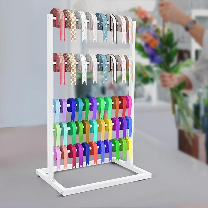 5-Tier Freestanding Ribbon Organizer Rack, White Metal Scarf Storage Display Stand for Craft Room, Gift Wrapping Paper Towel Hanger, Floor Standing Hanging Shelf for Home Store