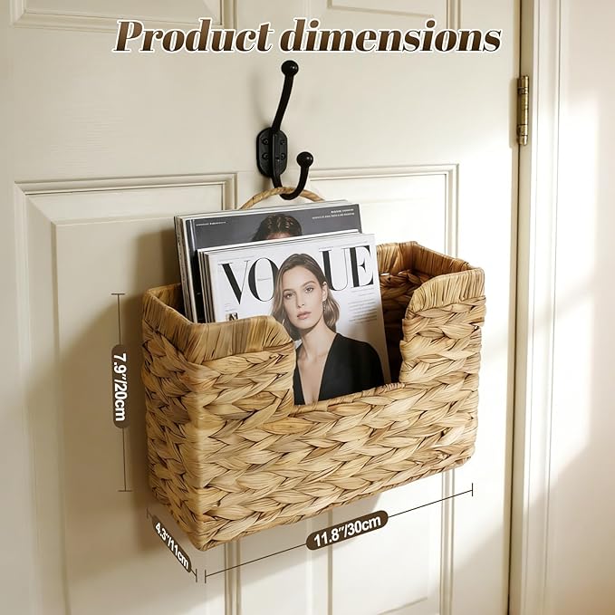 Hanging Magazine Basket for Mail Book File - Woven Wall Magazine Holder Storage for bathroom Kitchen Office - Water Hyacinth Farmhouse Storage