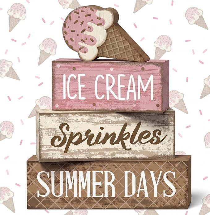 Lineshading 4 Pcs Summer Table Decoration Ice Cream Wooden Sign Pink Brown Rustic Summer Tiered Tray Decor Ice Cream Sprinkles Centerpieces for Home, Dining Room & Coffee Bar Kitchen