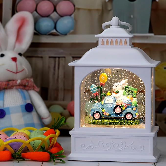 Easter Truck Snow Globe, 6H Timer Easter Snow Globe Glitter Bunny Spring Decor Easter Decorations (Bunny Truck)