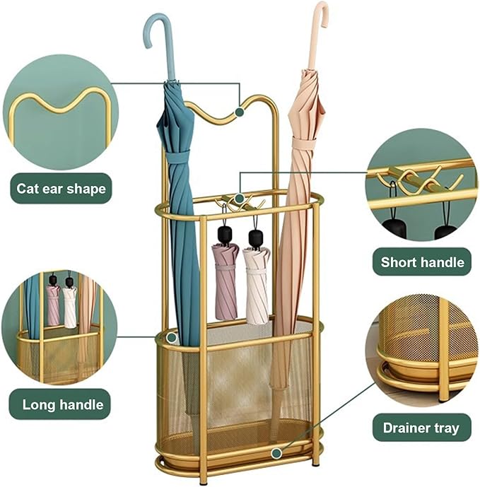 Metal Umbrella Holder Stand,Freestanding Umbrella Holder with Hooks and Drip Tray, Space Saving Umbrella Stand Rack Organizer for Entryway Home Office Patio Decor(30x15x60cm(12x6x24inch), Gold)