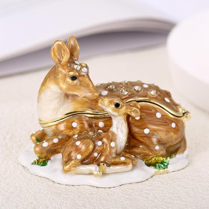 Hand Painted Trinket Box for Home Decor Accents, Enamel Hinged Jewelry Box for Bookshelf Office Table Desk Decoration, Classical Figurine Collectible Keepsake Animal Sculptures (Sika Deer)