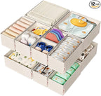 Cotton Linen Drawer Organizer for Baby Clothes, 12Pack Multi-Size Nursery Dresser Dividers for Clothes, Premium Foldable Storage Bins for Bedroom, Closet and Diaper Table, Beige