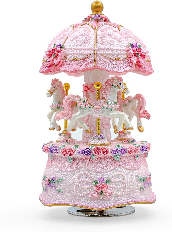 Carousel Music Box，Luxury Color Change LED Light Music Box,Luminous Rotating 3-Horse Musical Box with Gift Box for Girls Birthday Valentine Gift (Castle in The Sky, Pink)