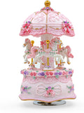 Carousel Music Box，Luxury Color Change LED Light Music Box,Luminous Rotating 3-Horse Musical Box with Gift Box for Girls Birthday Valentine Gift (Castle in The Sky, Pink)