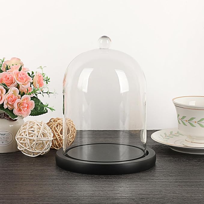JUXYES Glass Display Dome Cloche with Wood Base, Clear Glass Dome Cloche Bell Sphere Jar Snow Globe Kit, Snowglobe Cloche Bell Jar Display for Fairy Light Plant Collectible Figures
