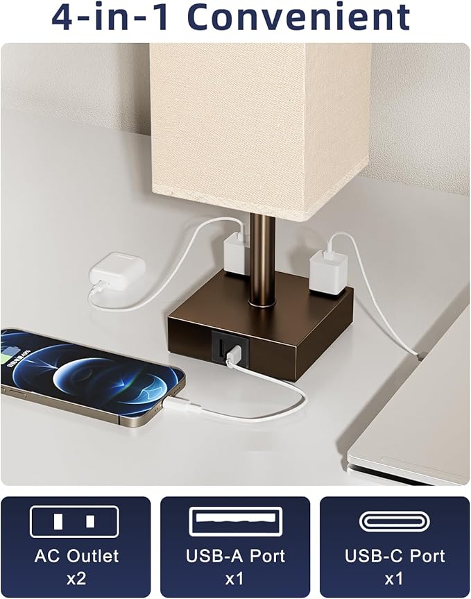 aooshine Brown Touch Table Lamp - Bedside Lamp with USB A + Type C Charging Ports and Two AC Outlets, Small Night Stand with E26 LED Bulb, Desk Light for Bedroom Living Room Office Dorm