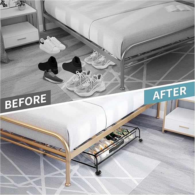 Under Bed Shoe Storage with Wheels, Space Saving Shoe Organizer with Sturdy Metal Frame & Breathable Mesh, Suitable Under the Bed, Sofa and Desk, 2 Packs