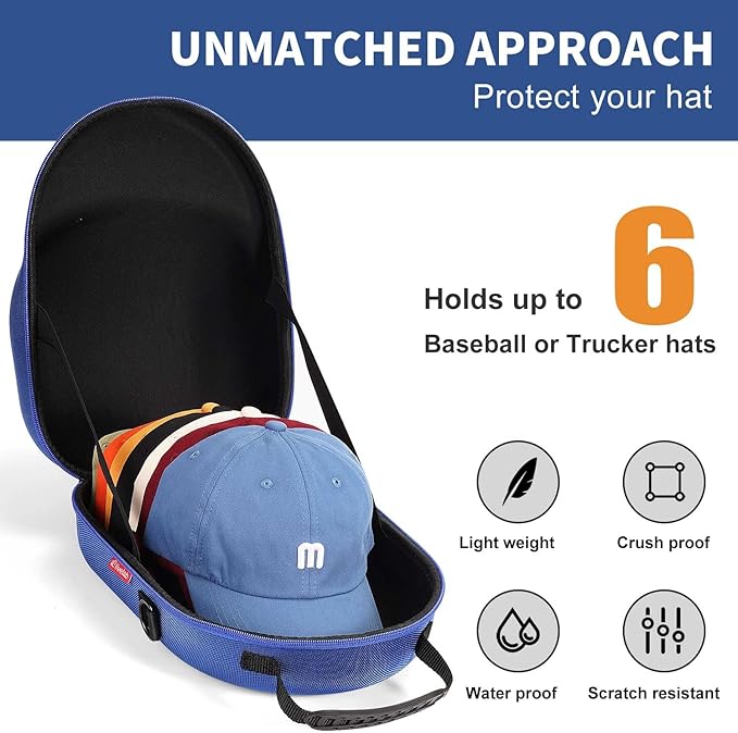 Livelab Hat Case, Hard Hat Case for Baseball Caps, Hat Storage with Carrying Handle & Shoulder Strap, Hat Organizer Protects Up to 6 Hats, Perfect for Travel & Home Storage - Blue