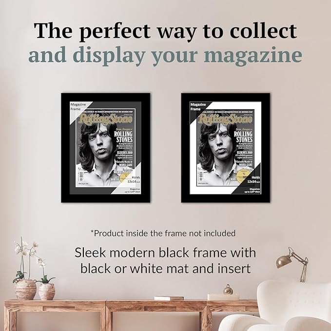 Creative Picture Frames 12 x 14 Magazine Frame with Full-Strength Glass, Holds Up To A 1/4" Thick Media with Installed Hangers for Easy Mounting, 14x16 Black Frame with Black Mat