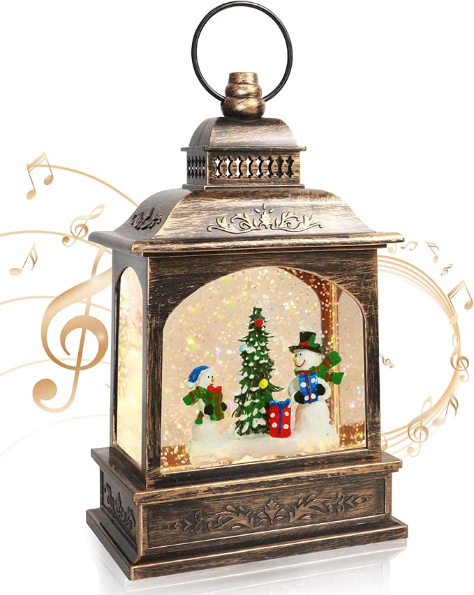 Christmas Snowman Snow Globe, Snowman Musical Lantern with 6 Hour Timer USB Lined/Battery Operated Retro Style Holiday Glitter Globe for Xmas Indoor Decoration and Santa Gifts
