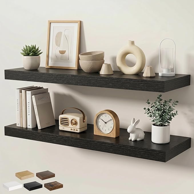 Floating Shelves for Wall 40 in x 9.3 in Deep, Wall Mounted Rustic Wood Shelf with Invisible Brackets for Storage & Display, Living Room Bedroom Bathroom, Black, 2 Pack