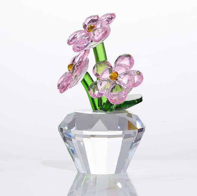 Qianwei Pink Forget Me Not Crystal Flowers - Sympathy Glass Flowers Collectible Figurines Decor Paperweight Ornament Home Office Table Desk Decorations