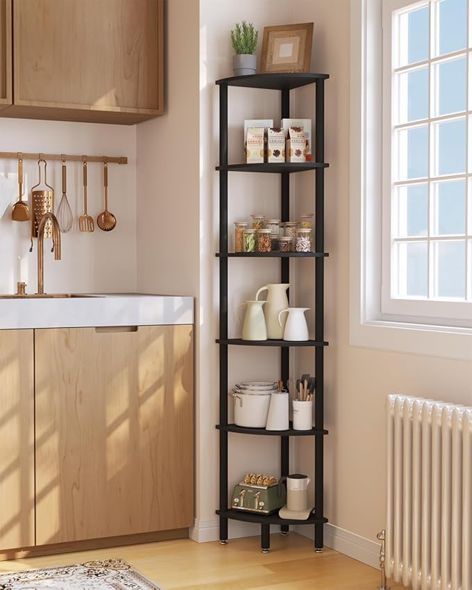 IBUYKE 6 Tier Corner Shelf Stand,Industrial Corner Display Rack,Corner Bookshelf for Living Room, Bedroom, Kitchen, Home Office, Black WBC011B