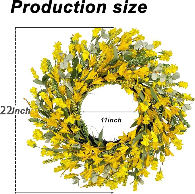 22 Inch Yellow Forsythia Wreaths for Front Door, Spring Summer Floral Wreath, Farmhouse Wreath for Porch, Wall, Window, Indoor Outdoor Home Decor