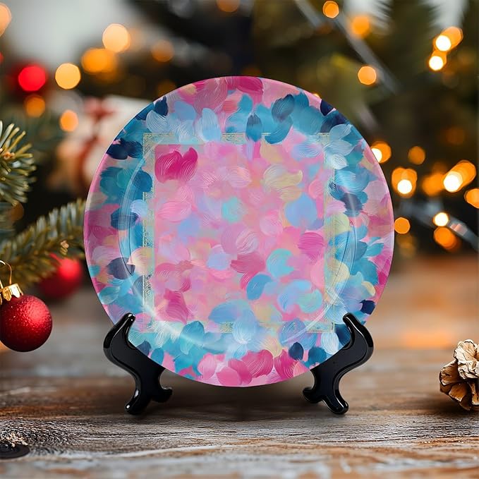 HABEN ARTWORK 8" Ceramic Plates for Display Colorful Abstract Floral Pink Blue Swirls Decorative Plate with Stand and Hook for Kitchen Dining Room Wall Hanging Decor