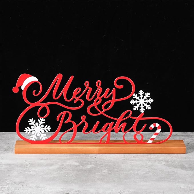 Teenyyou Christmas Table Decoration Merry Bright Christmas Metal Word Sign Merry Bright Table Centerpiece Xmas Party Decor Gift with Wooden Base for Holiday Tabletop Desk Decoration