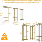 Large Clothes Rack, Clothing Rack for Hanging Clothes, Heavy Duty Garment Rack, Freestanding Wardrobe Closet with Extendable Hanger Rods, Width from 7.8 to 10.8 ft, H11 Gold