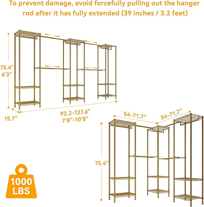 Large Clothes Rack, Clothing Rack for Hanging Clothes, Heavy Duty Garment Rack, Freestanding Wardrobe Closet with Extendable Hanger Rods, Width from 7.8 to 10.8 ft, H11 Gold