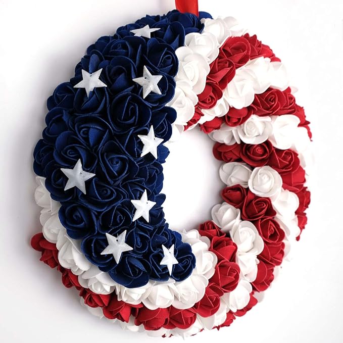 idyllic July 4th Patriotic Americana Wreath Boxwood Handcrafted Memorial Day Wreath Festival Garland Decoration Front Door Wall Home Decor (Blue)