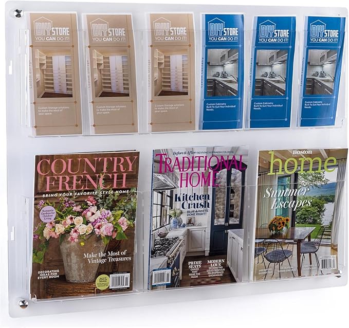 Displays2go 2-Tiered Acrylic Literature Wall Rack, Adjustable, Fits Brochures and Magazines - Clear (2RP6CLR)