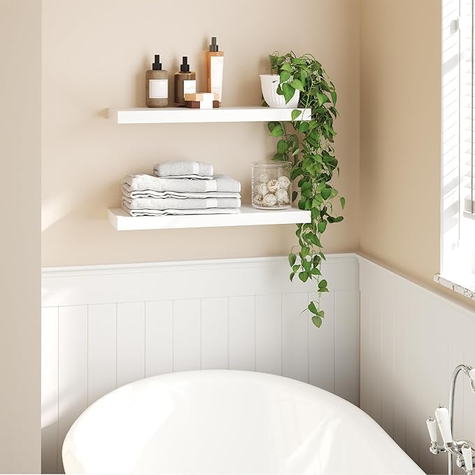 HOOBRO Floating Shelves for Wall, Wall Mounted Shelf Set of 2, 23.6" Hanging Shelf with Invisible Brackets, for Wall Decor Storage in Bathroom Bedroom Kitchen Living Room Office, White WT60BJ01