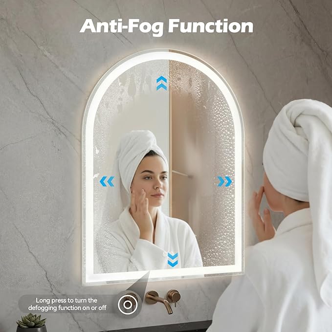 Sweetcrispy 24“x 36” LED Bathroom Backlit Mirror with Lights, Arched Vanity Mirrors with Anti-Fog, Dimmable, 3-Color Light, Memory Function, Tempered Glass