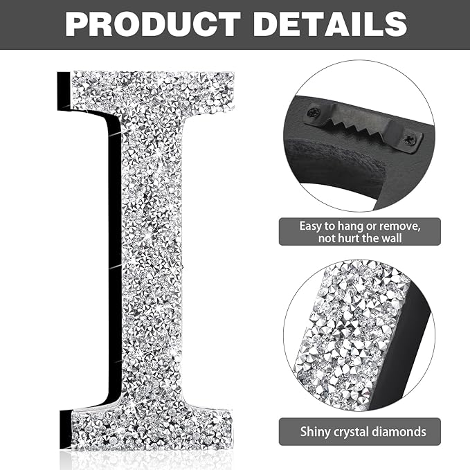 Qunclay 12'' Silver Crystal Diamond Bling Letters Crushed Diamond Decoration Wooden Glitter Letter with Screw and Hooks Rhinestone Gift for Wedding Y2k Mcbling Bedroom Wall Decor (Letter I)