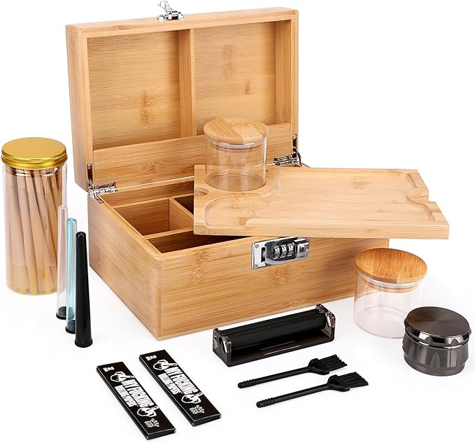 Large Bamboo Storage Box with Lock, Removable Tray, Glass Jars & Accessories, Elegant Wooden Household Organizer, Home Decor Gift Set