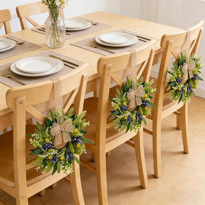 6 PCS Green Eucalyptus Olive Swag Wreaths for Pillars Spring Summer Greenery Kitchen Cabinet Wreaths Mini Green Boxwood Leaves Wreath with Ribbon for Front Door Porch Wall Window Farmhouse Decoration
