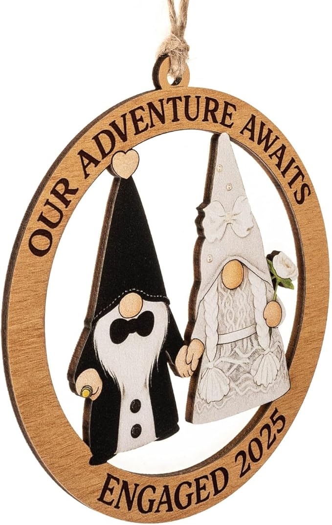 Engagement Ornament, Gnome Ornaments, Gnome Gifts for Women, Wedding Ornaments, Our Adventure Awaits Engaged 2026 Wooden Keepsake, Handmade Couple Christmas Decoration, Engagement Gifts Ready to Gift