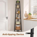Hoctieon Corner Shelf, 6-Tier Corner Bookshelf, Rustic Ladder Shelf, Industrial Display Stand for Living Room, Kitchen, Home Office, Balcony, Small Space, Metal Frame, Rustic Brown