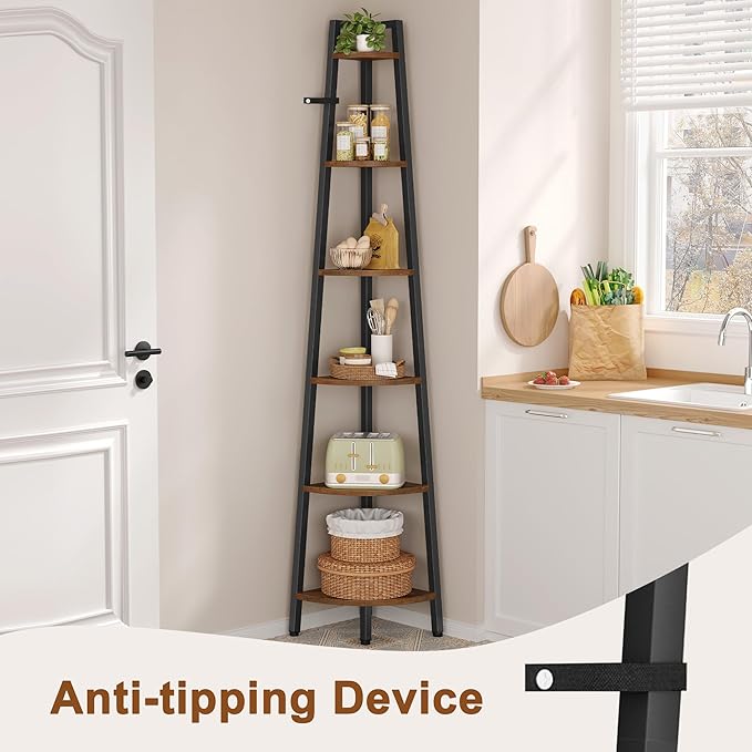 Hoctieon Corner Shelf, 6-Tier Corner Bookshelf, Rustic Ladder Shelf, Industrial Display Stand for Living Room, Kitchen, Home Office, Balcony, Small Space, Metal Frame, Rustic Brown