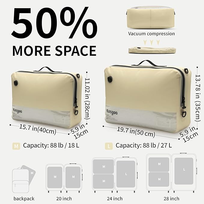 Vacuum Seal Bags for Travel 180° Open Compression Packing Cubes for Carry-on Luggage, IP67 Waterproof Space Saver Storage Bag (1 Large Pack No Pump Beige)
