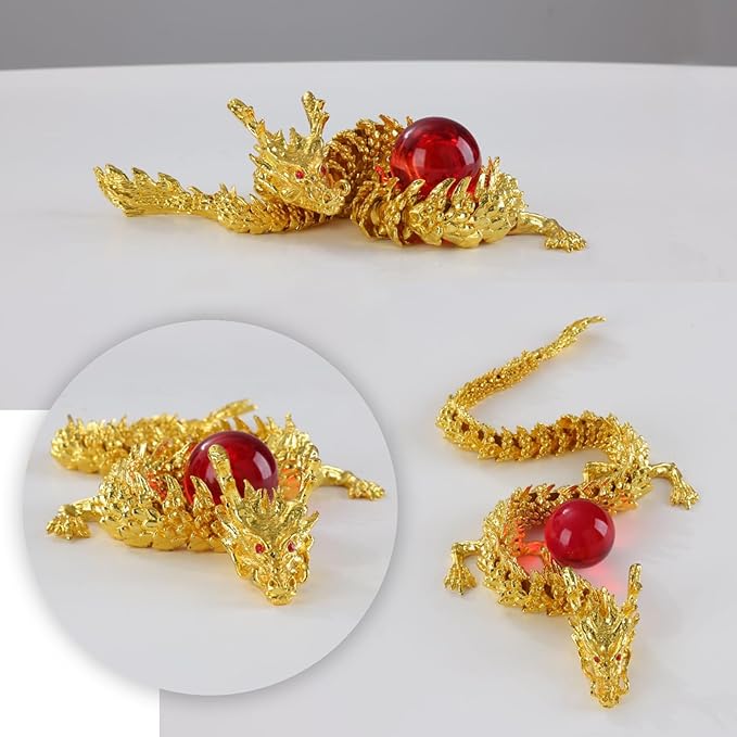 LIYAOLI Golden 3D Articulated Dragon 2024 Chinese Statue - 15 Inch Brass Gold Luck Dragon for Home Office Desk Decoration With Red Gemstone Bead