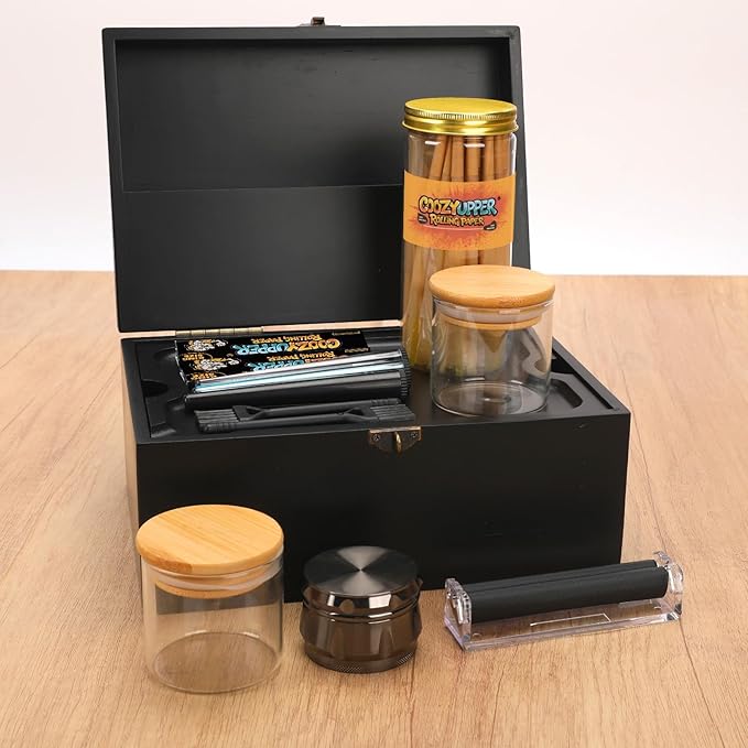Large Bamboo Storage Box with Lock, Removable Wooden Tray, Airtight Rubber Seal Glass Jars, Decorative Lockable Wooden Organizer Box, Complete Accessories Gift Set