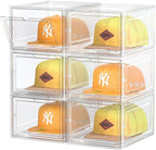 Hat Organizer Box, Stackable Clear Baseball Caps Holder Box Containers with Magnetic Door for Hats Snapback Cap Storag, Hat Rack Display Case, Holds 8 Hats Each (Clear, 6 Pack)