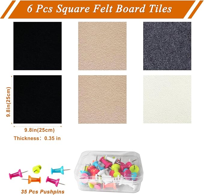 Square Felt Cork Bulletin Board Tiles, Self Adhesive DIY Felt Pin Board for Wall 30" x 20" with 35 Pushpins for Office School Home Wall Decor Stickers Memos Photos Display (Gradual Grey& Camel)