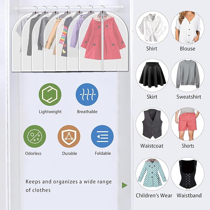 12-Pack Hanging Garment Bags - 31 Inch Clear Clothes Storage Covers with Full Zipper | Translucent Dust-Proof Organizers for Closet, Travel, Kids Clothes & Seasonal Wardrobe Protection