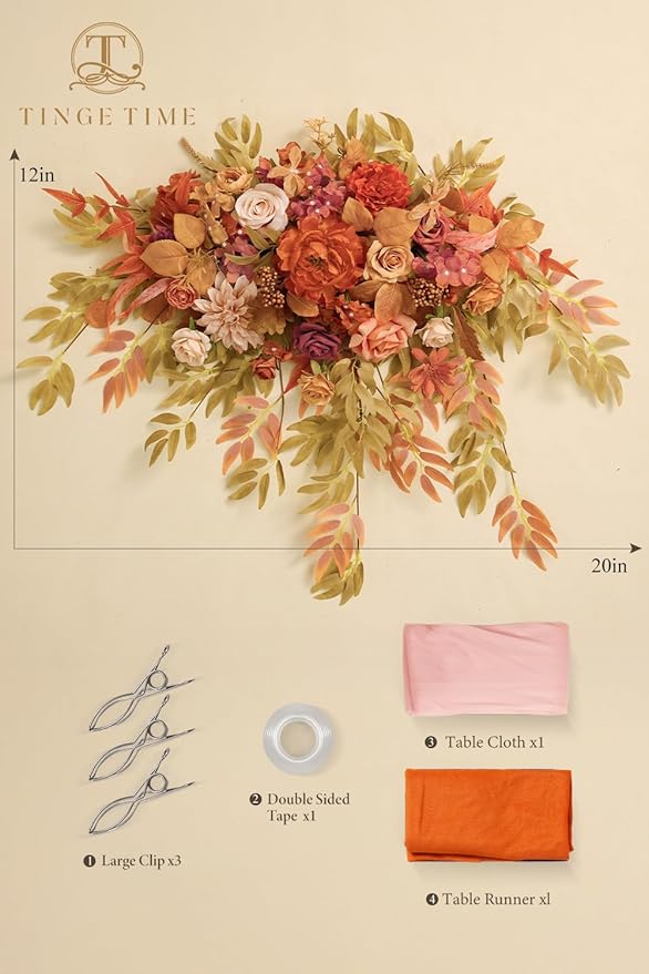 TINGE TIME Artificial Sweetheart Flower Swag with Tablecloth and Table Runner, Pack of 3 Floral Arrangement for Autumn Wedding Sweetheart Table Centerpiece Fall Decoration (Maple Red)