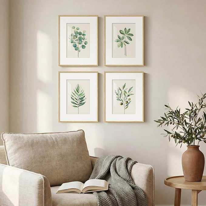 Framed Sage Green Botanical Wall Art for Bathroom, 4 Piece Farmhouse Minimalist Plant Artwork for Walls, Boho Green White Leaf Pictures Prints for Bedroom Kitchen Living Room Wall Decor, 11x14 Inch