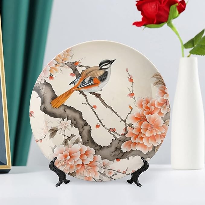 Decorative Plates, Bird & Peony Flower Chinese Meticulous Painting Display Plate for Home Office Kitchen Table Decor Porcelain Plates 10 Inch, Birthday Gifts