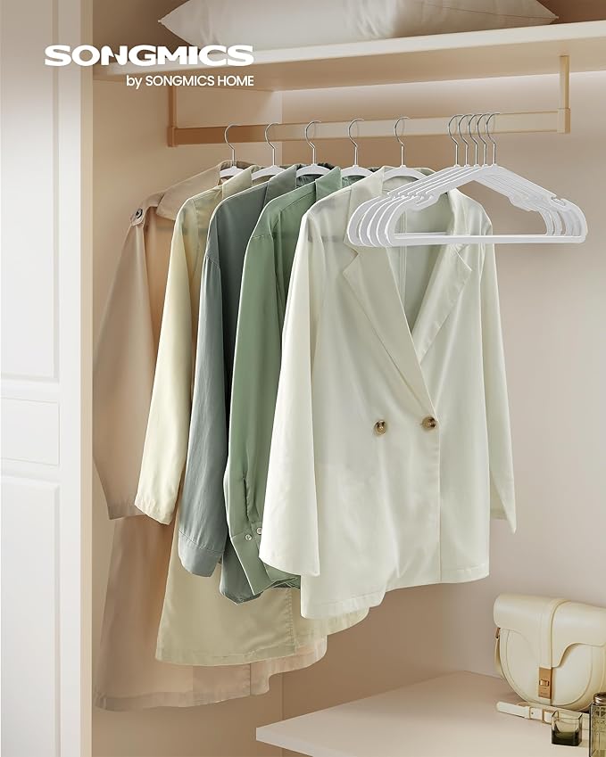 SONGMICS Clothes Hangers 50 Pack, Heavy-Duty Plastic Hangers, Coat Hangers with Wide Shoulder Notches, Pant Bar, 360° Swivel Hook, Space-Saving, 16.4 Inches, for Closet, Cloud White UCRP060W01