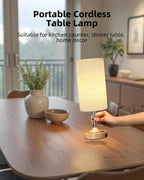 EZVALO Cordless Table Lamp, Ambient Light, Dimmable, Touch, Timer, 2700K, Bedroom, Portable, LED, Wireless, Rechargeable, Battery Operated, Desk Lamp, Fabric Shade, Wood-Grain Finish, Living Room