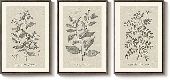 Large Framed Botanical Wall Art for Living Room, 3 Piece Neutral Plant Canvas Painting Prints Artwork for Farmhouse Walls, Vintage Floral Pictures for Bedroom Kitchen Hallway Wall Decor, 20x30 Inch