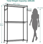 Heavy Duty Rolling Garment Rack, 3 Tiers Wire Shelves Adjustable Freestanding Portable Rolling Clothing Rack with Lockable Wheels, 44.9''L x 15.8''W x 78.8''H, Max Load 600LBS